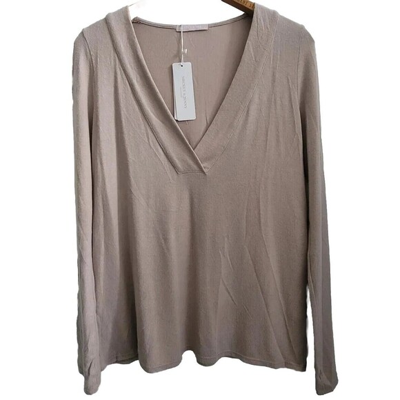 NWT MICKEY & JENNY Women Light Brown Pullover Sweater Large V Neck Made In USA - Picture 1 of 10